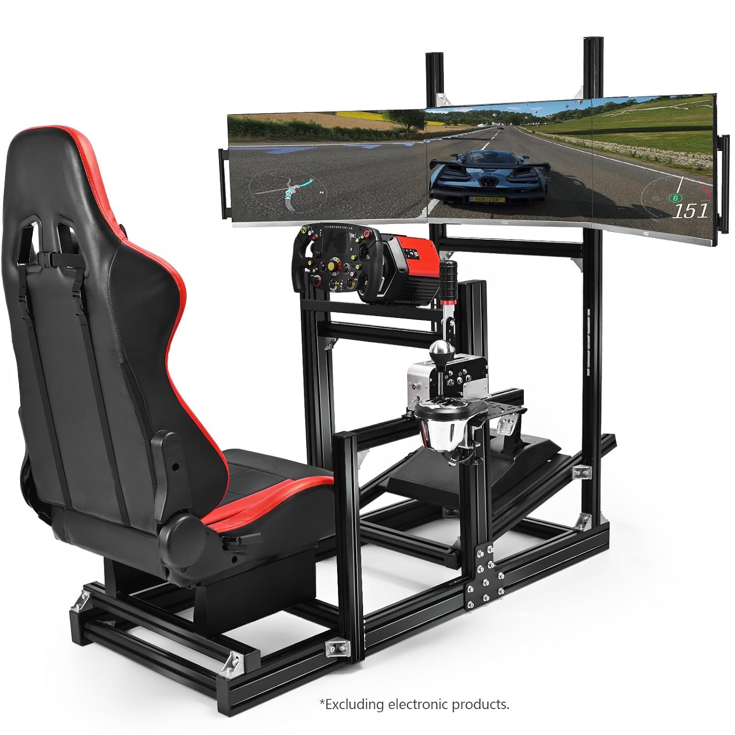 Anman 8040 Aluminum Profile Racing Simulator Cockpit with Triple Monitor Mount and Red Seat,Fit for Logitech, for Thrustmaster,for Moza Direct Drive Steering Wheel Cockpit Excluding electronic devices