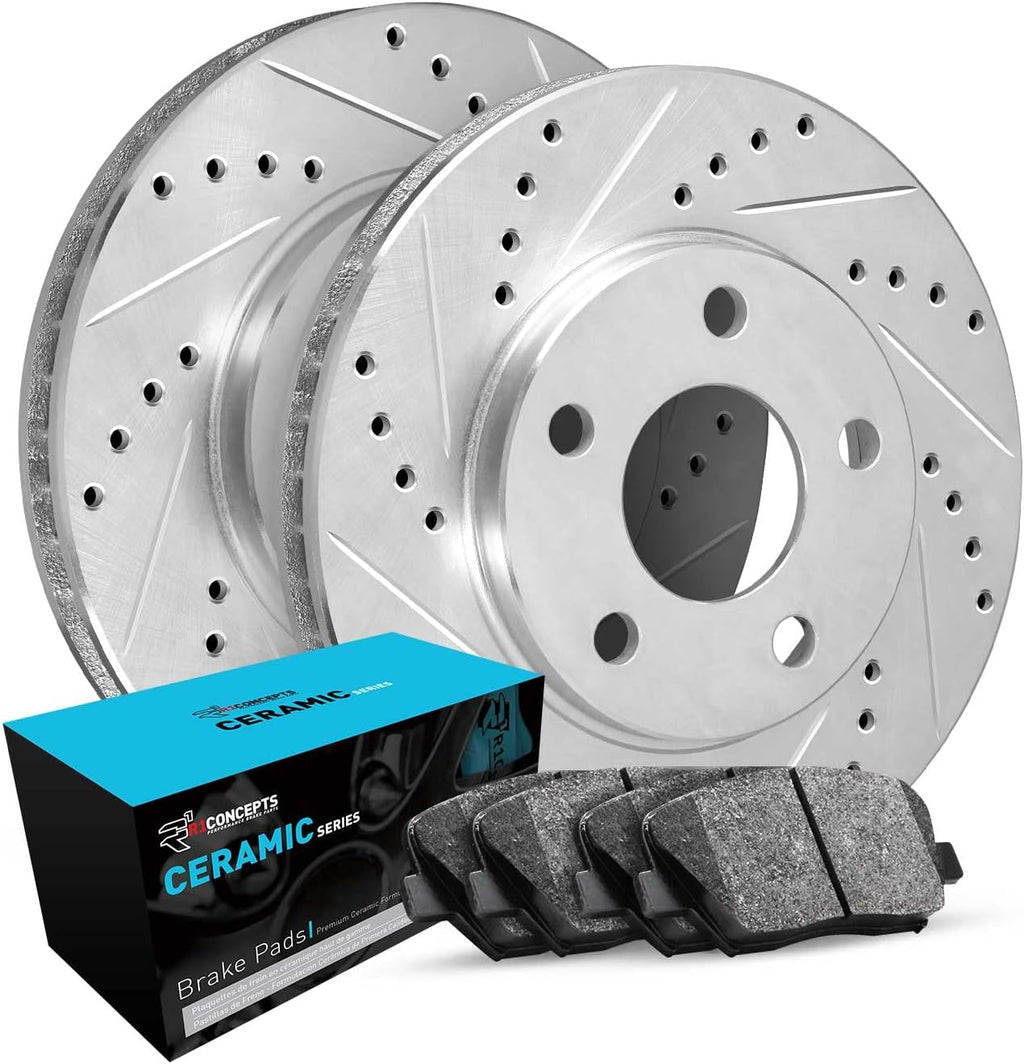 R1 Concepts Rear Brake Kit Fits 2015-2020 Audi S3; 2016-2023 Audi TTS; 2015-2019 Volkswagen Golf| Ceramic Brake Pads and Drilled Slotted Brake Rotors| 12.2' Rear