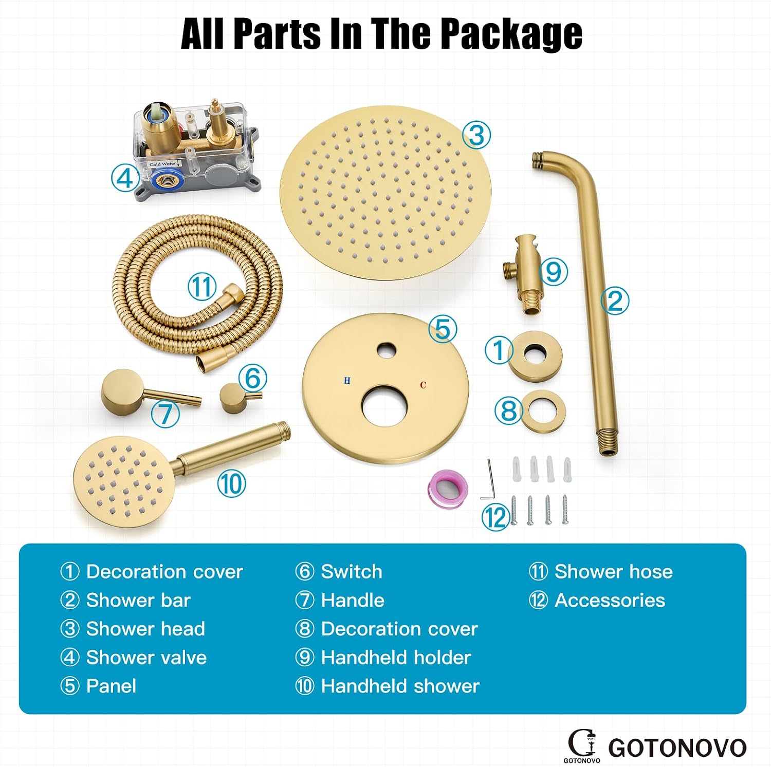 gotonovo Rain Shower System with 10 Inch Round Showerhead and Handheld High Pressure Shower Faucet Set Contain Rough in Valve, Brushed Gold