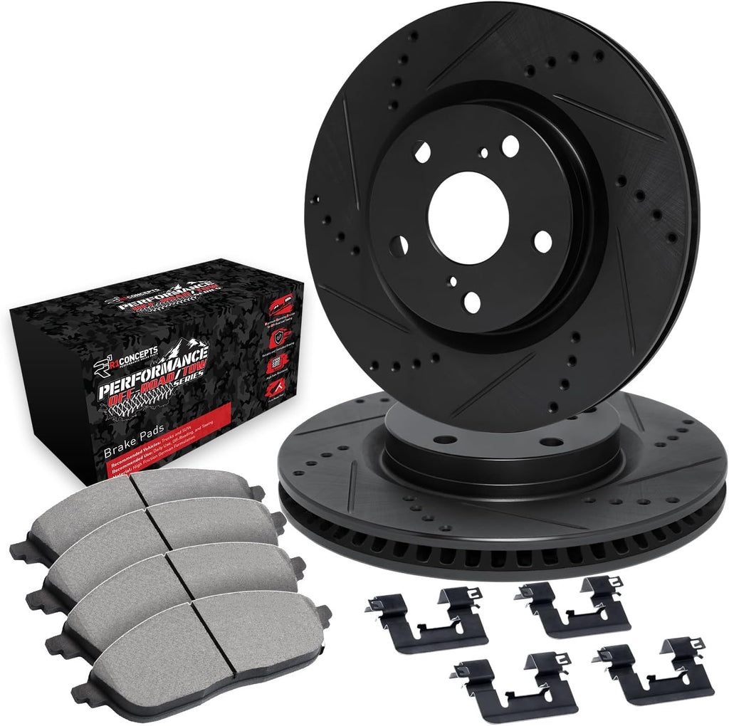 R1 Concepts Rear Brake Kit Fits 2007-2009 Chrysler Aspen; 2002-2010 Dodge Ram 1500; 2004-2009 Dodge Durango; 2008-2012 Jeep Wrangler| Off-Road/Tow Pads, Drilled Slotted Rotors| Hardware| 13.9' Rear