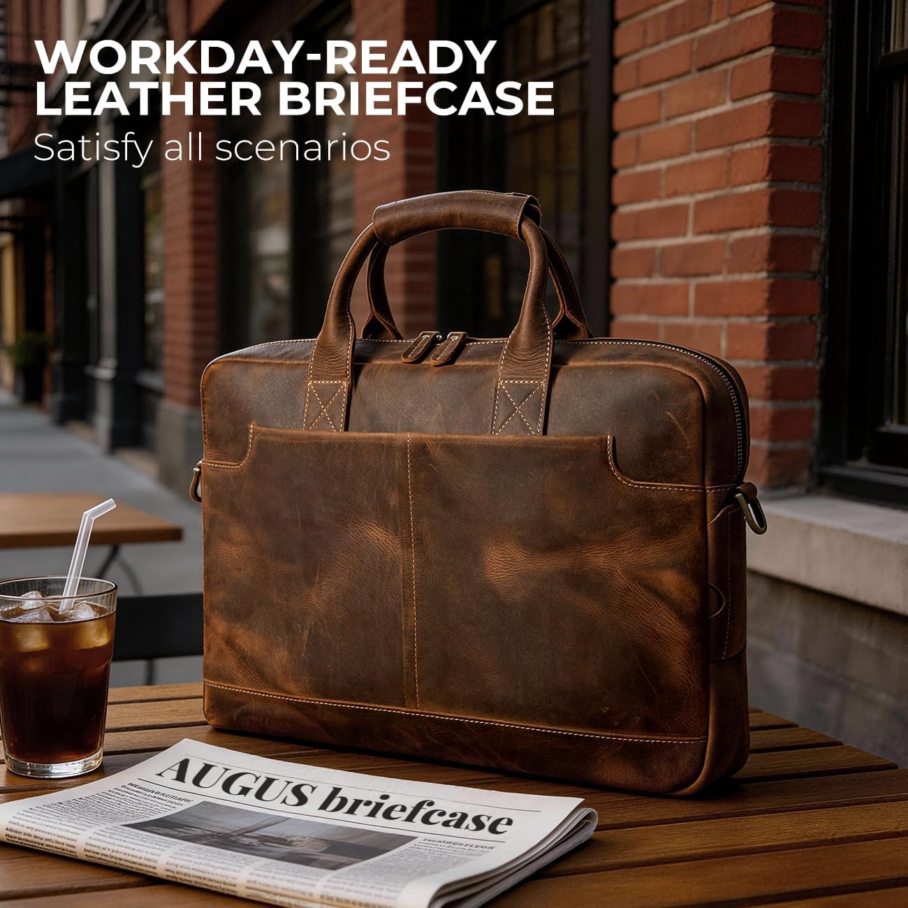 Augus Vintage Leather Briefcase for Men 15.6 Inch Laptop Computer Bag Retro Messenger Crossbody Shoulder Bag | Vintage Leather
