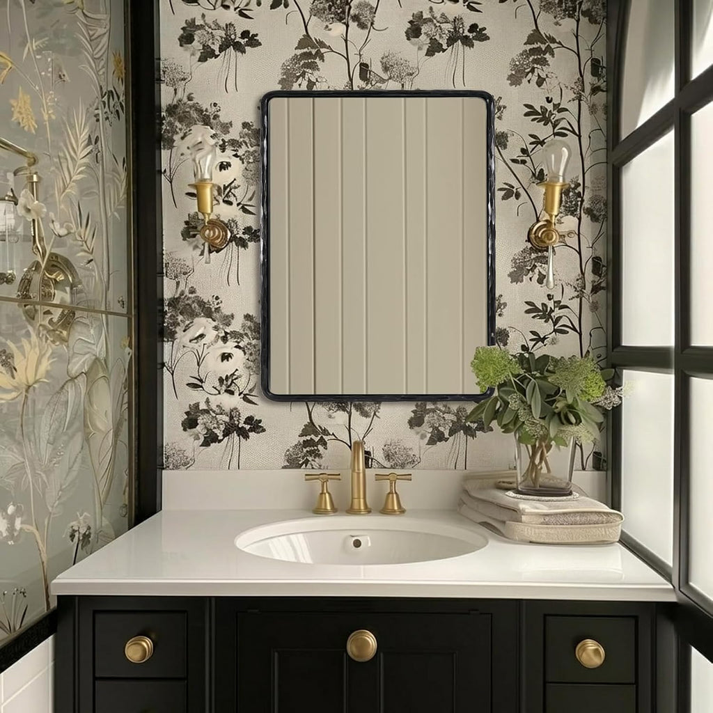 ANDY STAR Hand-Forged Black Bathroom Mirrors for Wall, 24x32 Inch Vintage Solid Steel Metal Frame Bathroom Vanity Mirror, Antique Rounded Rectangle Wall Mirror, Hangs Horizontally or Vertically