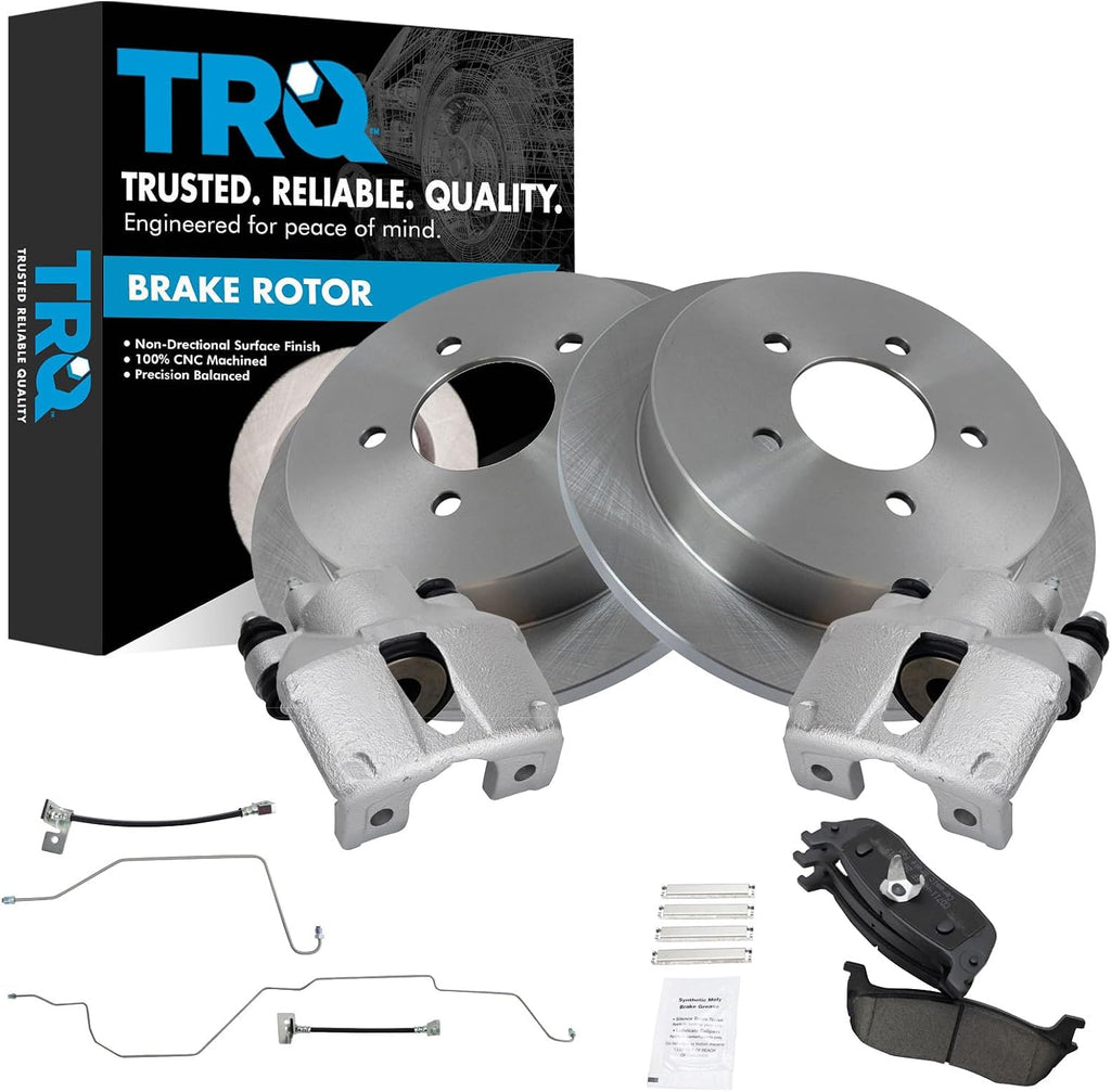 TRQ Rear Brake Pad and Rotor Set Ceramic Rotors Calipers Hoses Compatible with 1999-2003 Ford F-150 2004 F-150 Heritage
