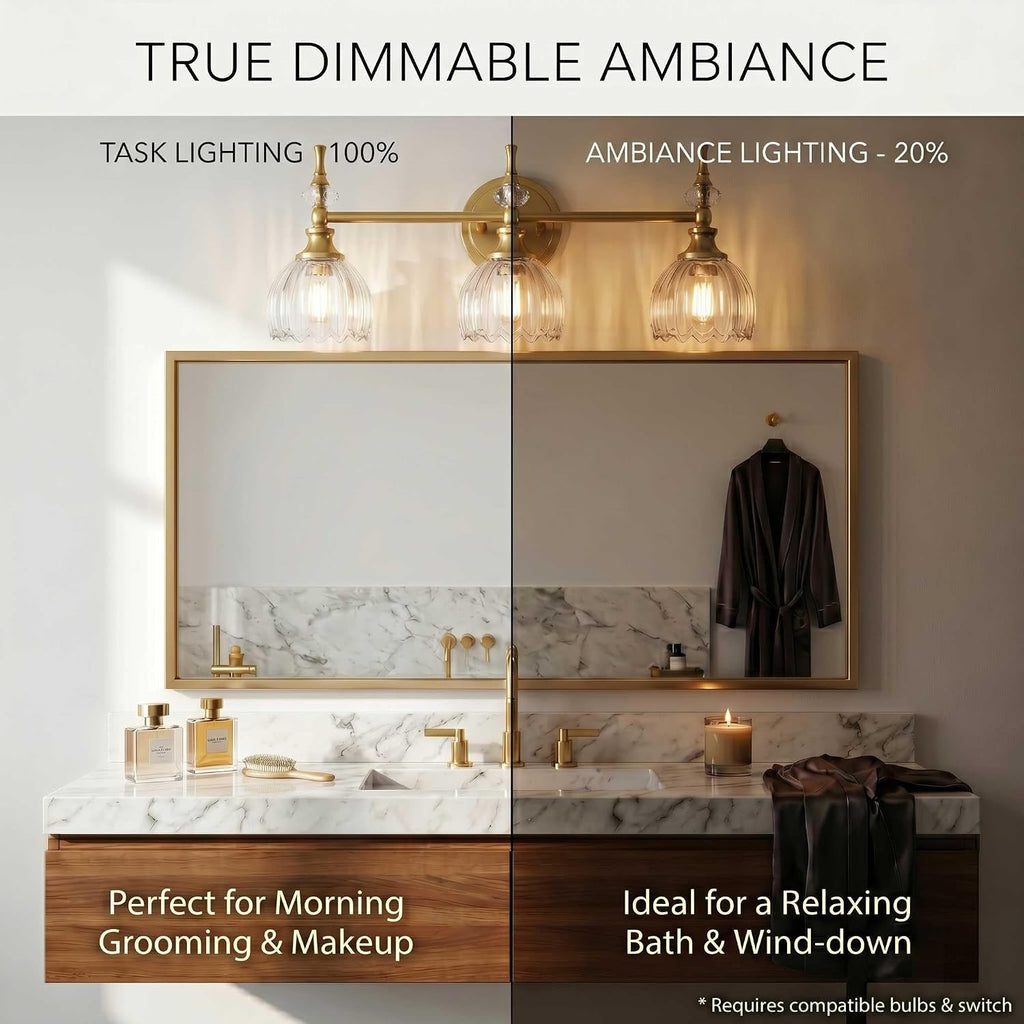 ANDY STAR 3-Light Brushed Gold Bathroom Vanity Light, Transitional Sconce | Ribbed Glass & Crystal Accent, Damp-Resistant, Heat-Resistant E12 Base, Reversible Up/Down Mounting