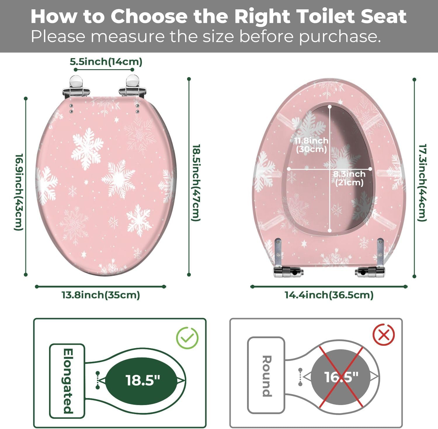 Elongated Toilet Seat Seamless winter cute pink snowflakes white snowflakes Resin Toilet Seat with Quietly Close Quick Release Hinges Decorative Toilet Seat with Cover Easy to Clean and Install