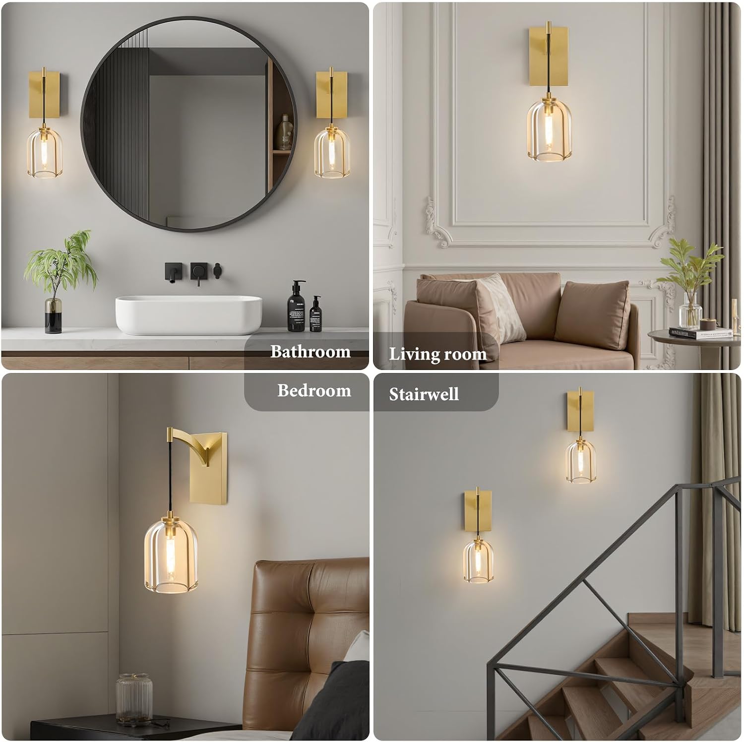 Crystal Brass Hemisphere Wall Sconce - Set of 2 Gold Brushed Dimmable Sconces with Bulbs - Luxury Indoor Lighting Fixture - Modern Hanging Light Decor for Bedroom Living Room Bathroom Vanity Hallway