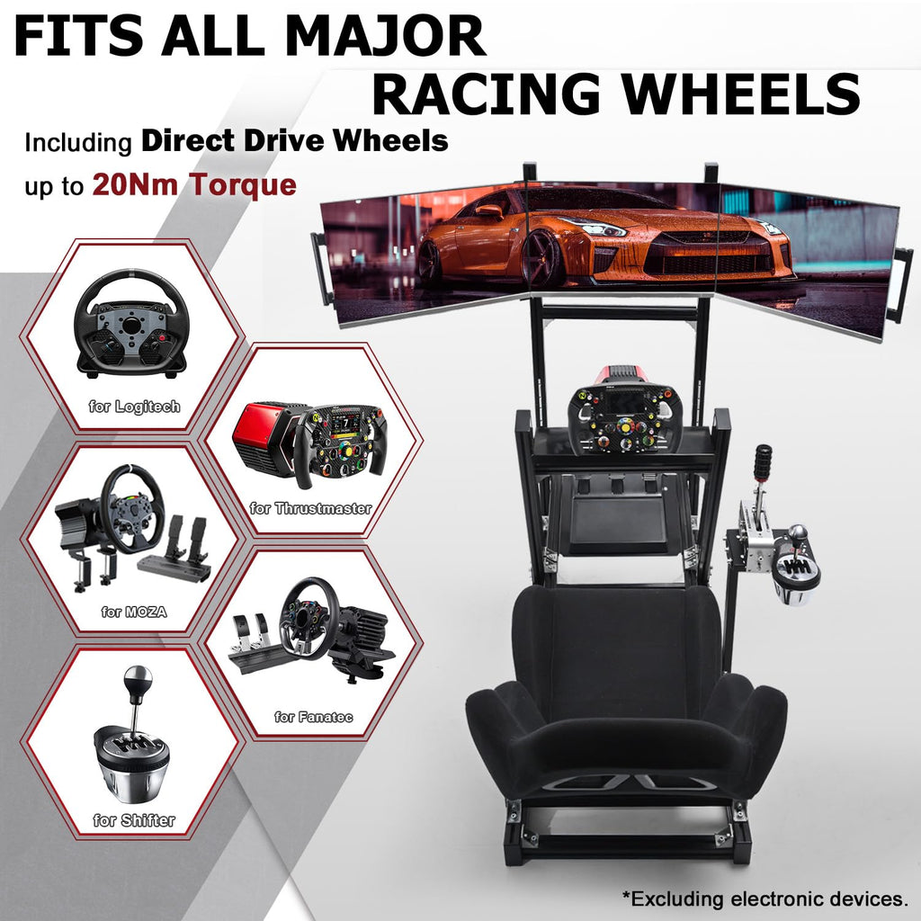Supllueer 8040 Aluminum Racing Simulator Cockpit with Monitor Stand and Black Seat,Universal and adjustable Cockpit, Fit for Logitech, for Thrustmaster, for Fanatec,for Moza Direct Drive Motors Wheels