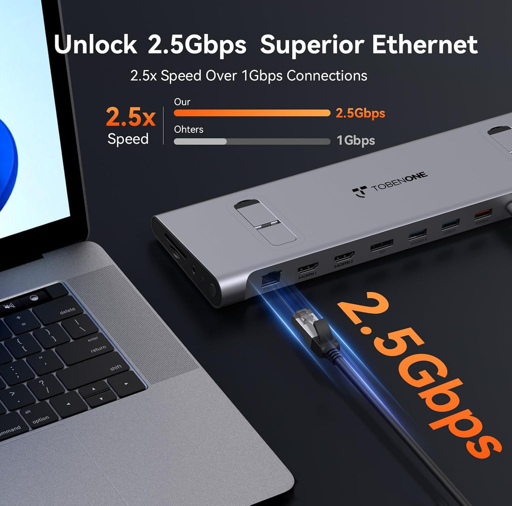 TobenONE 16-in-1 USB-C Docking Station 3 Monitors & Dual Monitor,2 HDMI+DP+6 USB Ports for Office & Home Use,Capable of 100W Power Supply & 2.5Gbps Ethernet, Used with Dell/HP/Lenovo