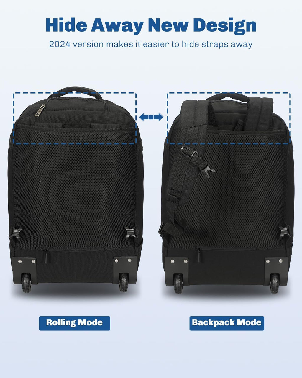 Hynes Eagle Rolling Backpack 42L Backpack with Wheels Airline Approved Carry on Luggage Laptop Travel Suitcase Bag for Women Men Jet Black