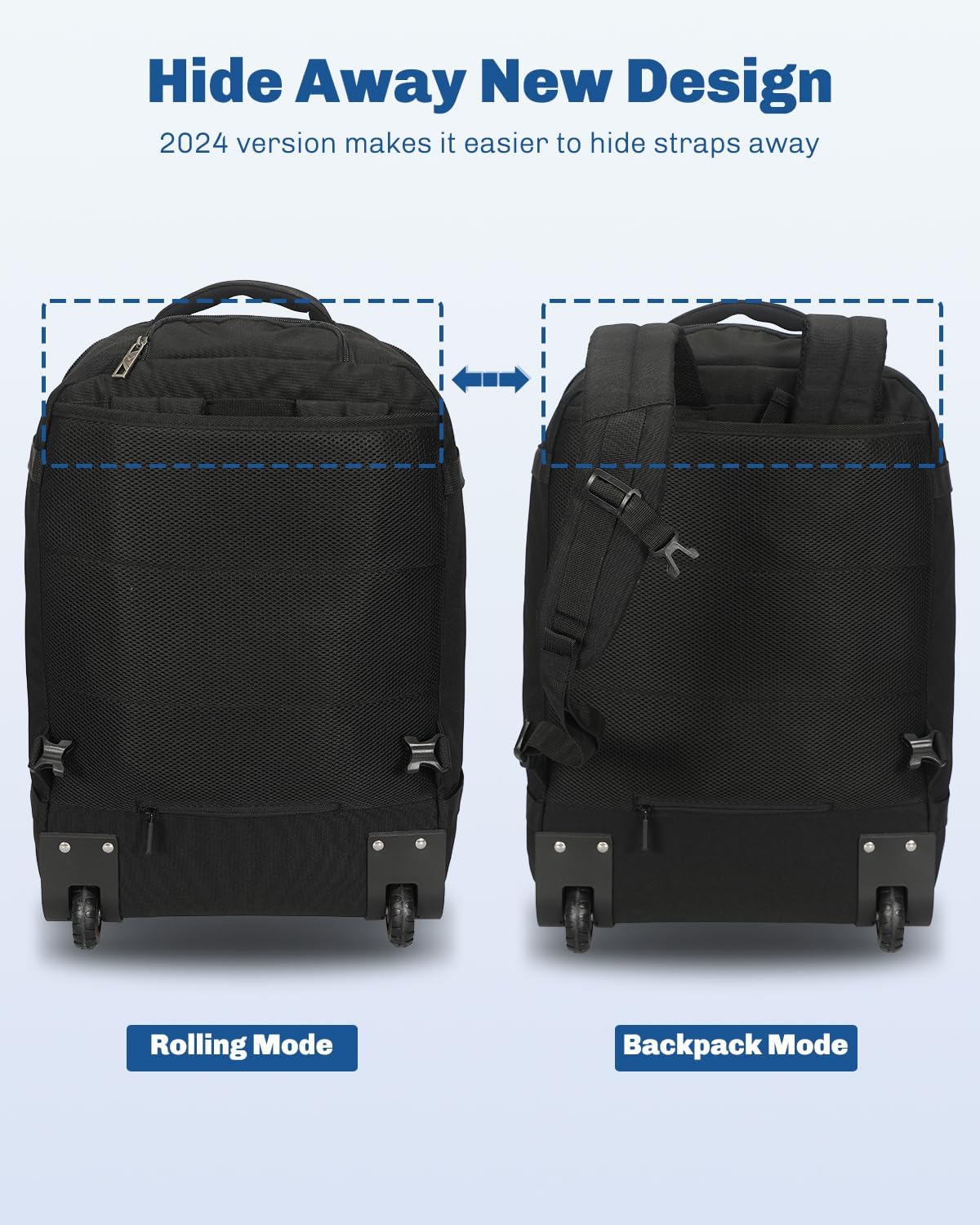 Hynes Eagle Rolling Backpack 42L Backpack with Wheels Airline Approved Carry on Luggage Laptop Travel Suitcase Bag for Women Men Jet Black