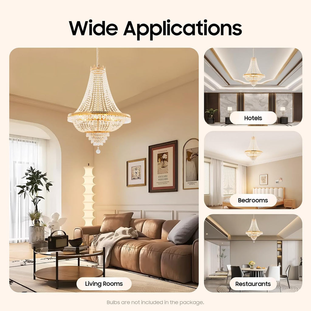 Luxury Crystal Chandelier, Modern Gold/Silver French Empire Crystal Ceiling Chandelier LED Ceiling Light Fixture Lamp Hanging Lighting Home Decor Lamp for Living Room Bedroom Foyer (Gold)