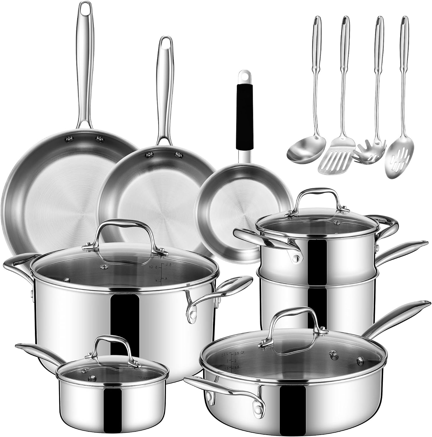 SuperCook Tri Ply Stainless Steel Cookware Set, 16-Piece Pots and Pans Set with Kitchen Utensils and Steamer, Non-Toxic, Multiclad, Induction Oven Compatible, Dishwasher Safe
