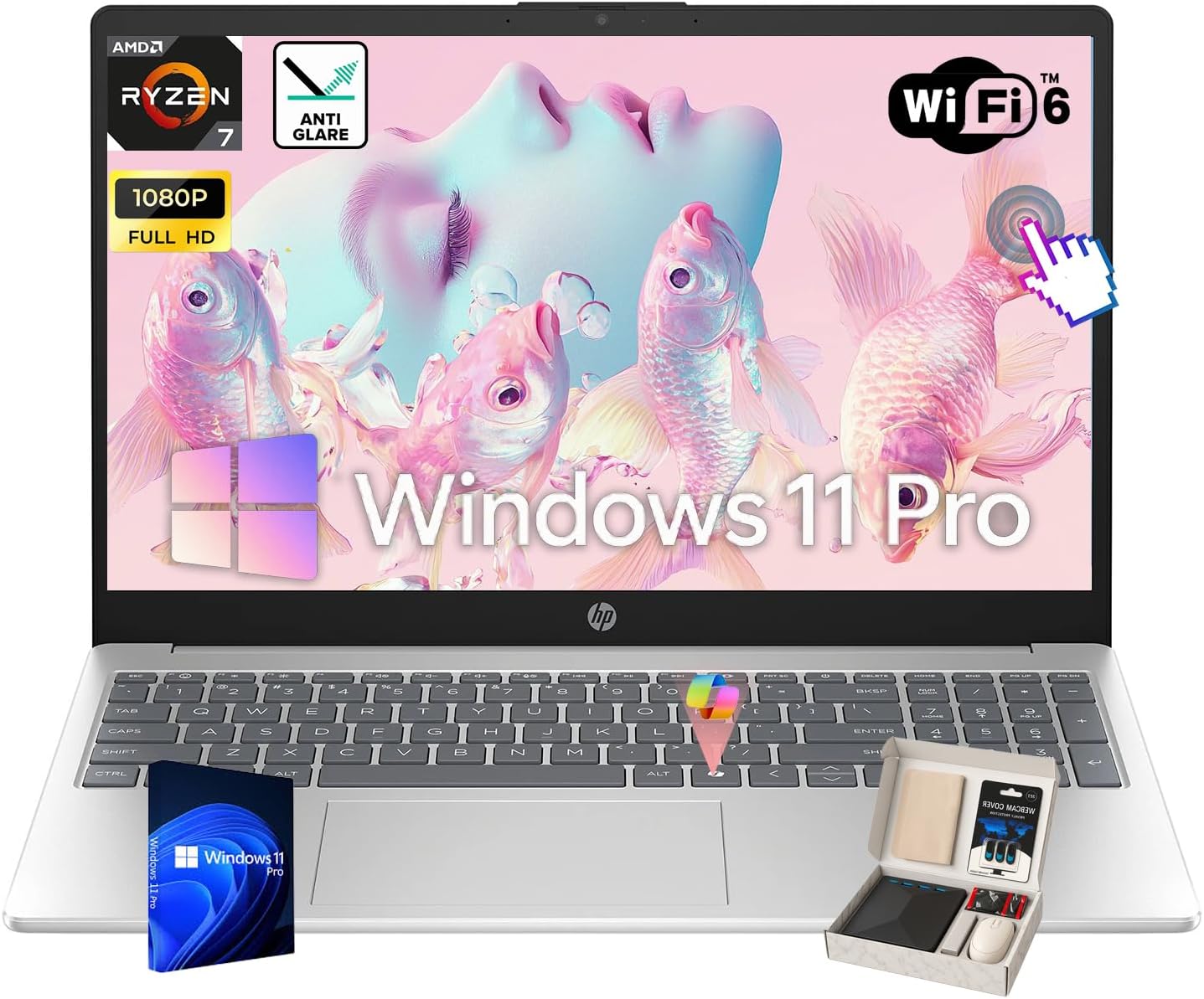 HP 15.6' Touchscreen Laptop - w/Accessories, AMD 8-Core Ryzen 7 7730U, 15.6' FHD Display, AMD Radeon Graphics, Lightweight, Copilot Key, Wi-Fi 6, Win 11 Pro, 64GB RAM + 1TB SSD