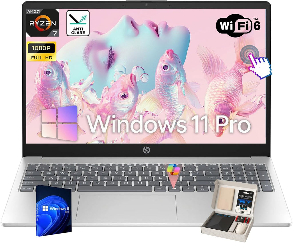 HP 15.6' Touchscreen Laptop - w/Accessories, AMD 8-Core Ryzen 7 7730U, 15.6' FHD Display, AMD Radeon Graphics, Lightweight, Copilot Key, Wi-Fi 6, Win 11 Pro, 64GB RAM + 2TB SSD