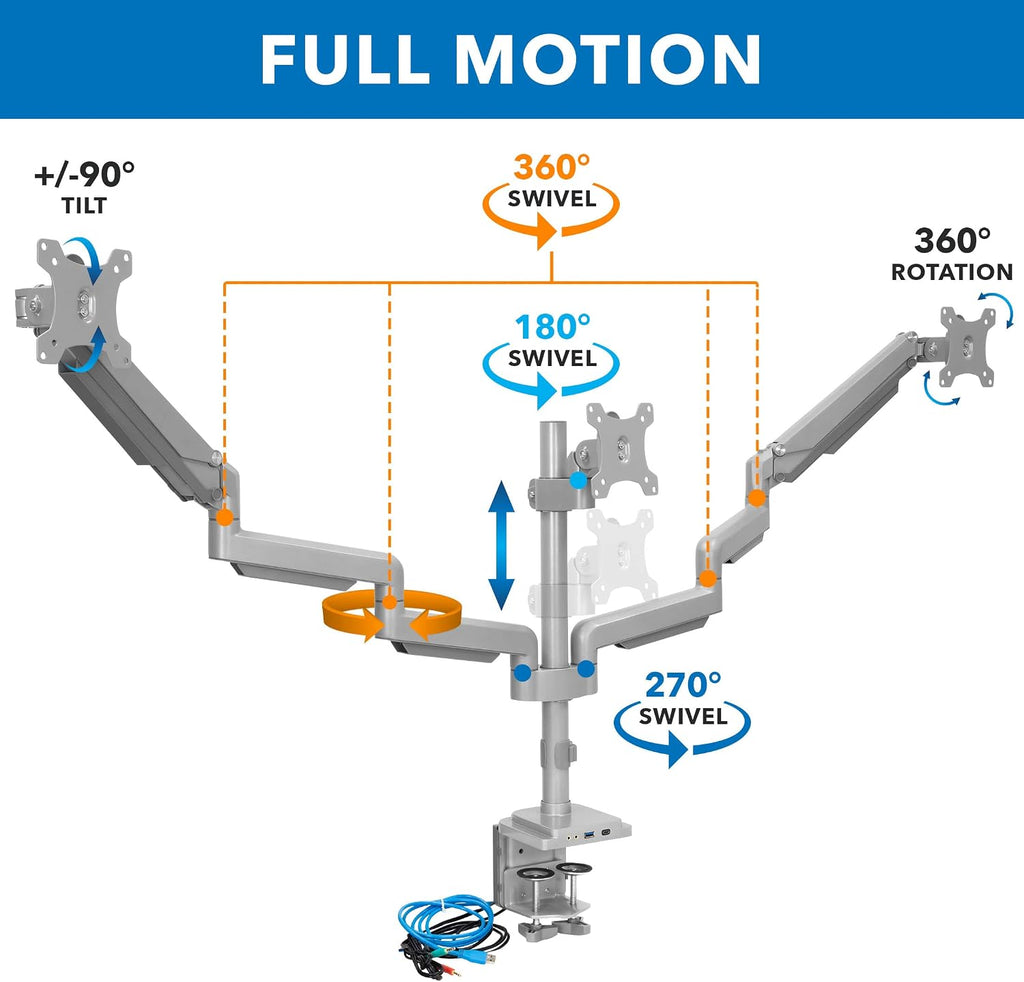 Mount-It! Triple Monitor Mount with Gas Spring Arms, Fits 24–32 Inch Screens, USB & Audio Ports, Full Motion Desk Stand with Tilt, Swivel & Rotation, Heavy Duty Silver 3 Screen Arm with Clamp