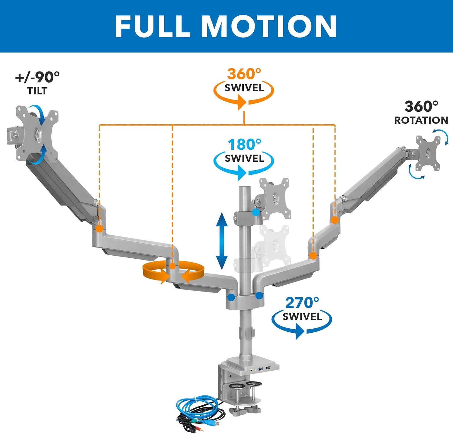 Mount-It! Triple Monitor Mount with Gas Spring Arms, Fits 24–32 Inch Screens, USB & Audio Ports, Full Motion Desk Stand with Tilt, Swivel & Rotation, Heavy Duty Silver 3 Screen Arm with Clamp