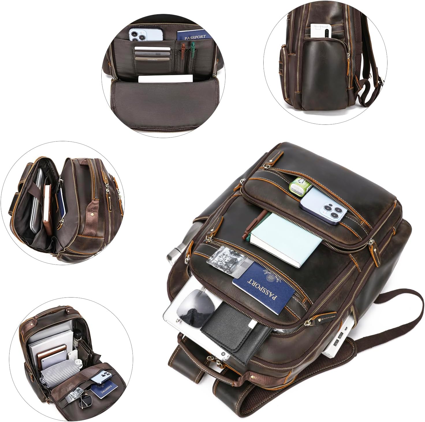 LANNSYNE Vintage Mens Full Grain Leather Backpack Fits 17.3 Inch Laptop, Large Casual Rucksack Shoulder Bag For Travel/Camping/Hiking-Brown