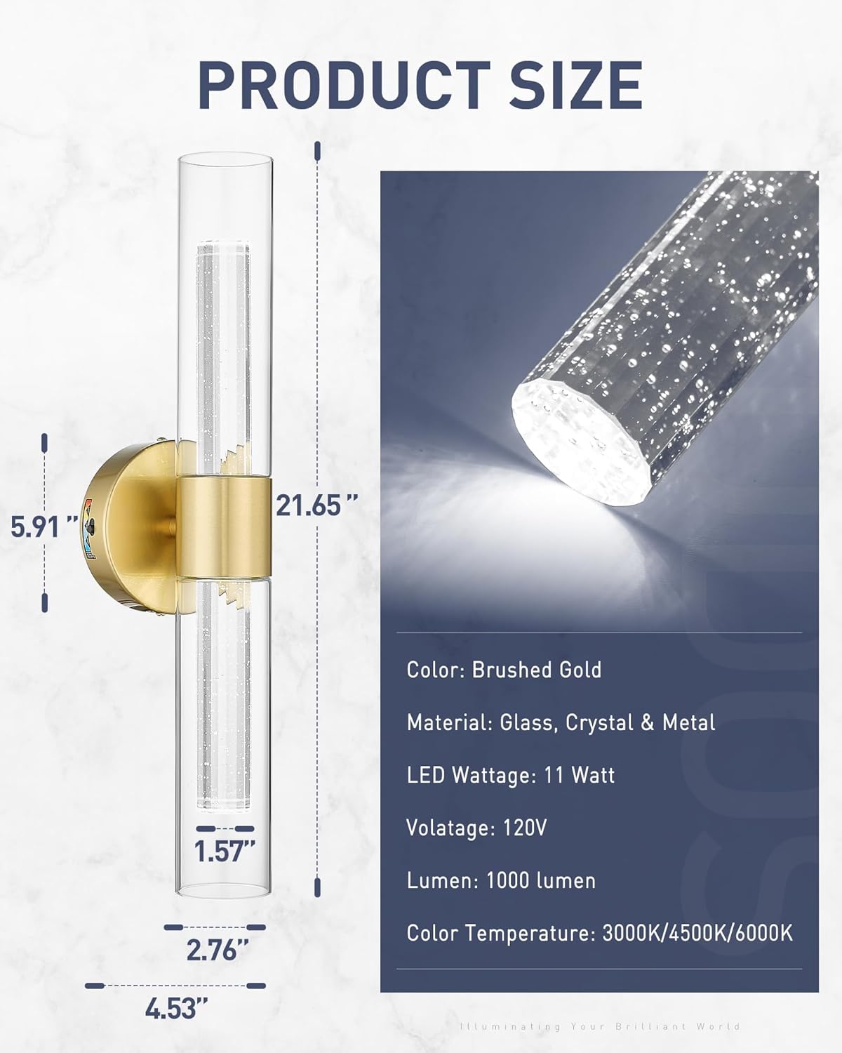 kudos Gold Bathroom Light Fixtures,2 Pack Modern Sconces Wall Lighting with Crystal Bubble and Clear Glass, 3000K/4500K/6000K Adjustable, KDVL05-GD-2-2PK