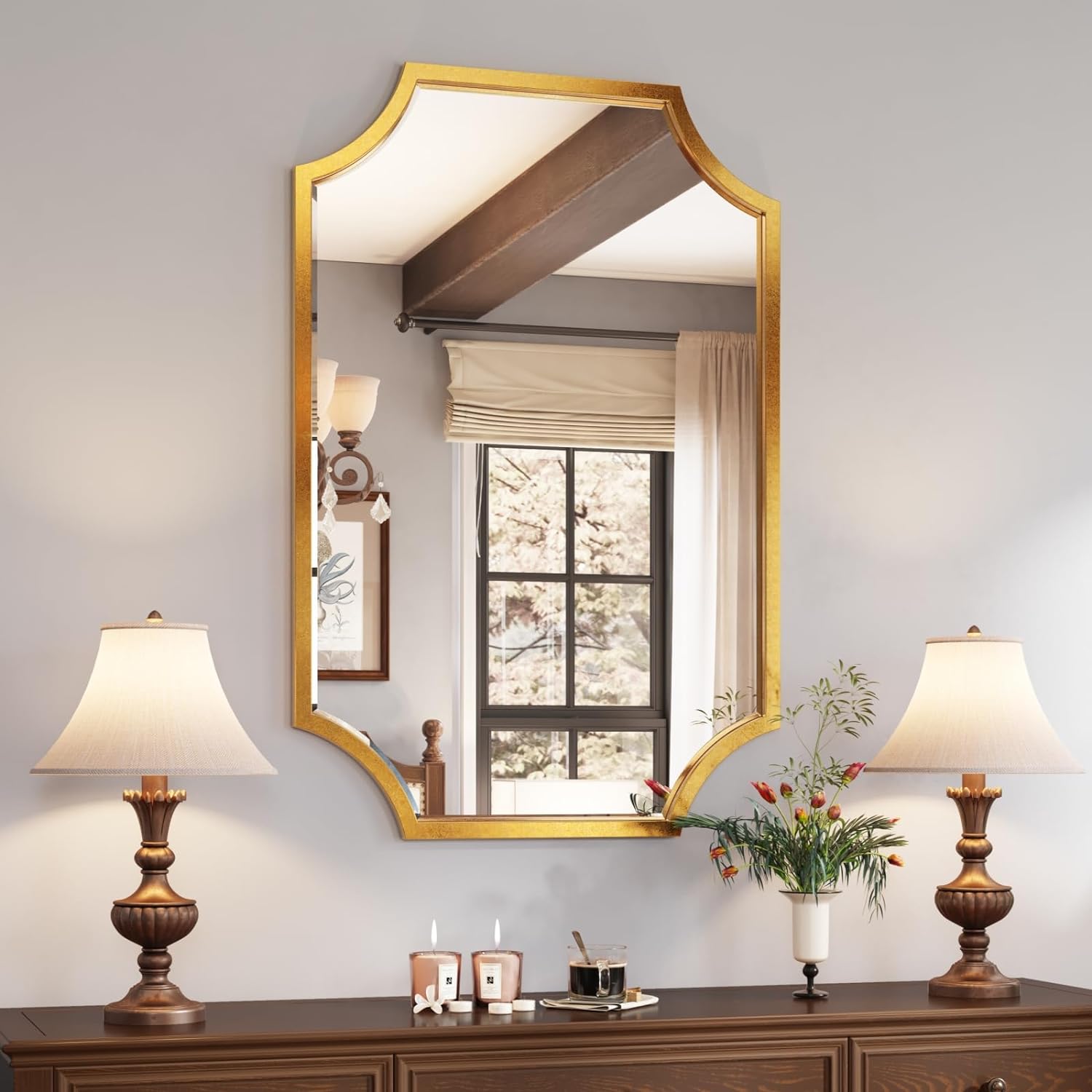 Kelly Miller 24'x36' Gold Foil Metal Scalloped Decorative Wall Mirror | Elegant beveled vanity mirror with wavy edges. Perfect metal frame wall mirror for living room, bathroom & entryway.