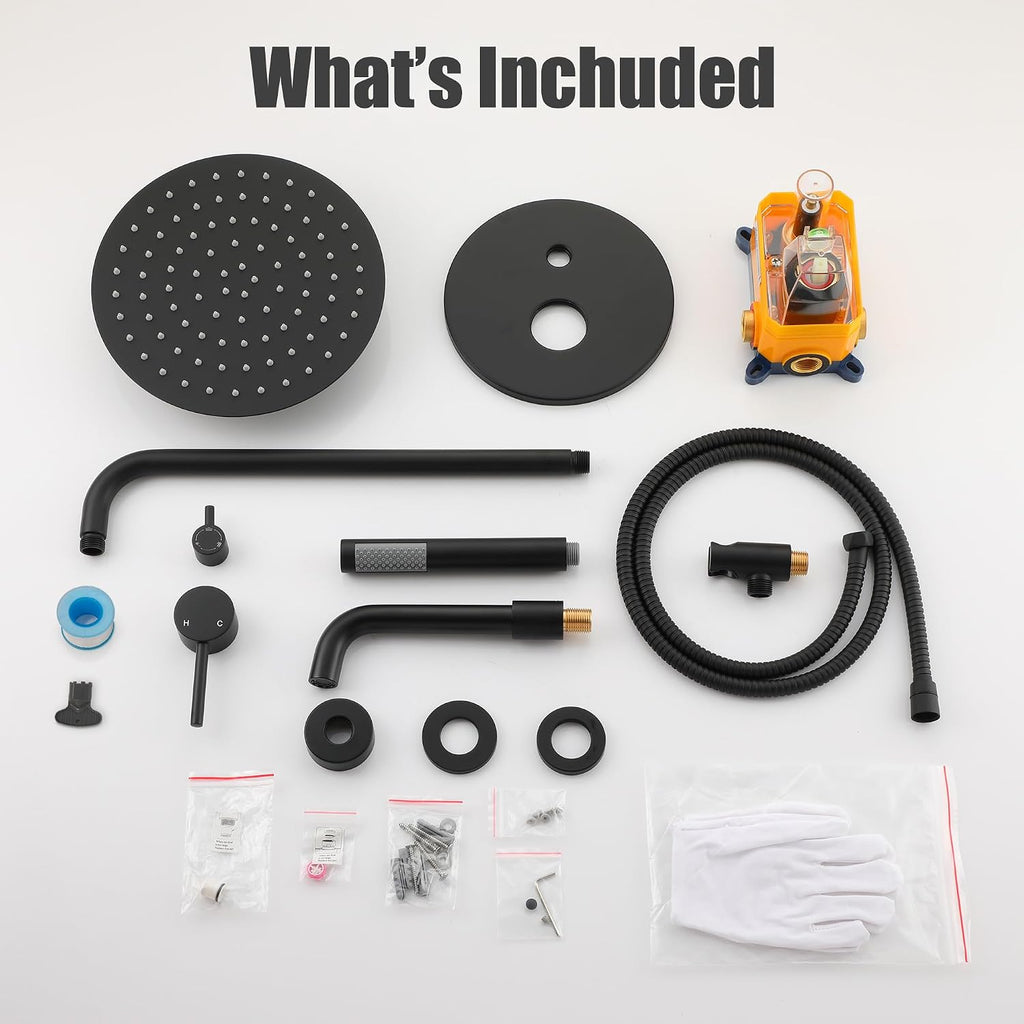 MONDAWE Round Shower Faucet Set with Tub Spout, Wall Mounted Shower System 10 Inch Rainfall Shower Head with Handheld Combo, Matte Black High Pressure Shower Faucets Sets Complete