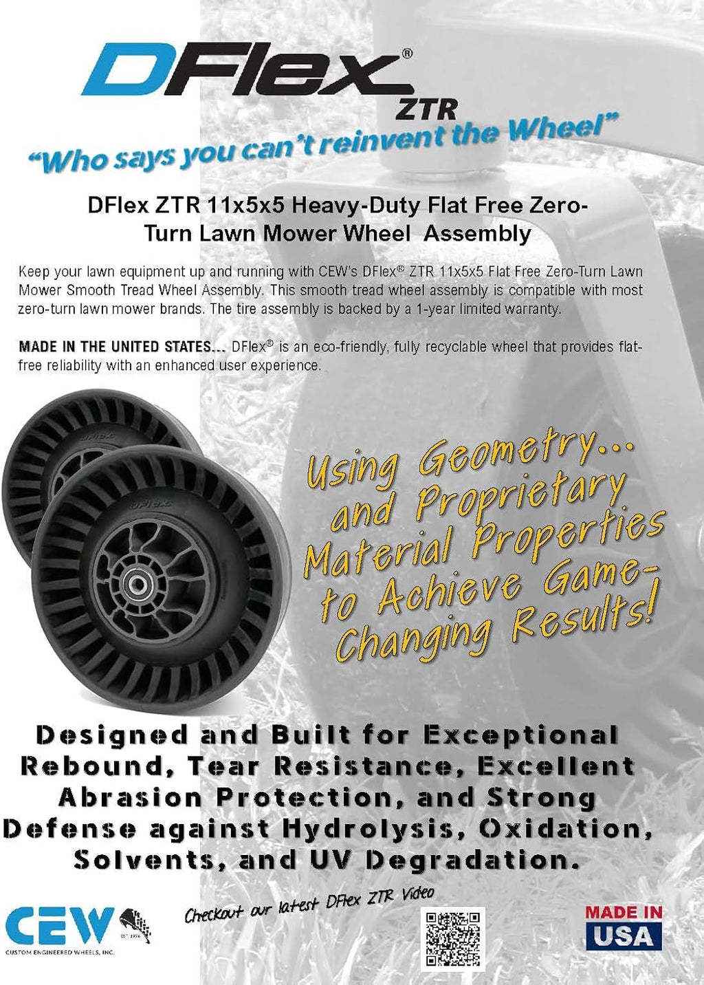 DFlex® Flat Free Lawn Mower Wheel, 11x5-5 Shock Absorption Solid Front Tires for Zero Turn Mower, 360Lbs Load, 1/2' or 5/8' or 3/4' Bearings, 5.91' Hub Bore Length, 2Pack (0.50' BB)