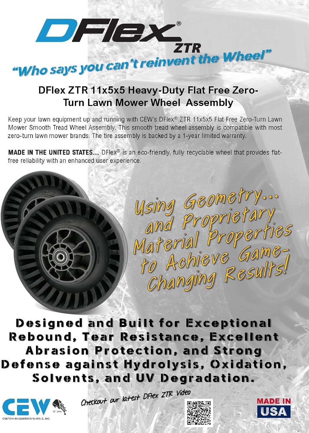 DFlex® Flat Free Lawn Mower Wheel, 11x5-5 Shock Absorption Solid Front Tires for Zero Turn Mower, 360Lbs Load, 1/2' or 5/8' or 3/4' Bearings, 5.91' Hub Bore Length, 2Pack (0.75' BB)