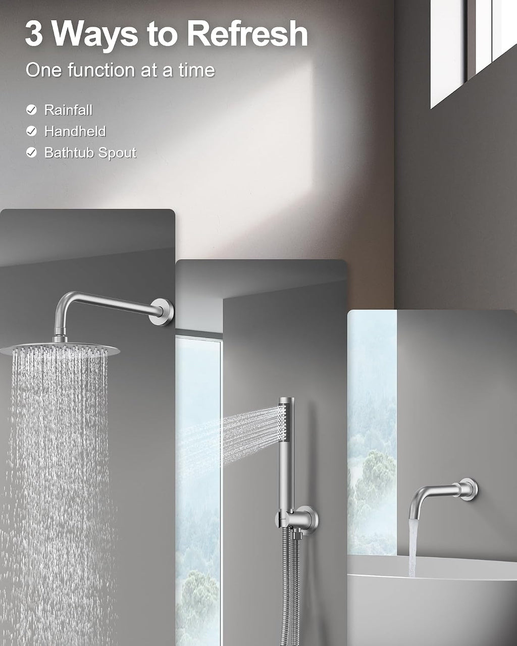 10 Inch Round Shower Faucet Set with Tub Spout, High Pressure Rainfall Shower Head and Handheld Sprayer Combo, Brushed Nickel