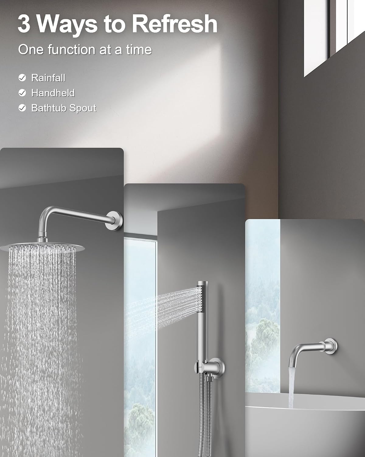 10 Inch Round Shower Faucet Set with Tub Spout, High Pressure Rainfall Shower Head and Handheld Sprayer Combo, Brushed Nickel