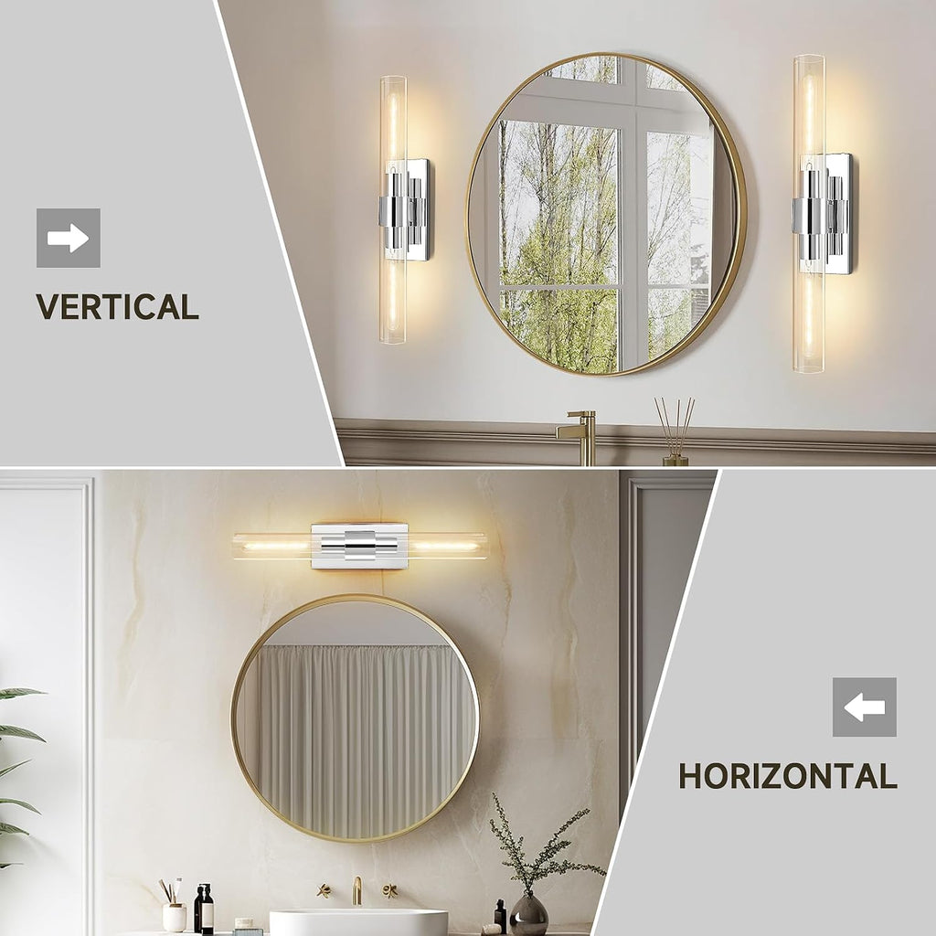 Chrome Wall Sconces, 22.8' Bathroom Sconces, Indoor Sconces Wall Lighting Up and Down, Nickel Wall Sconce Dimmable, Vanity Lights Fixtures with Tube, Glass Sconce for Bedroom, Staircase