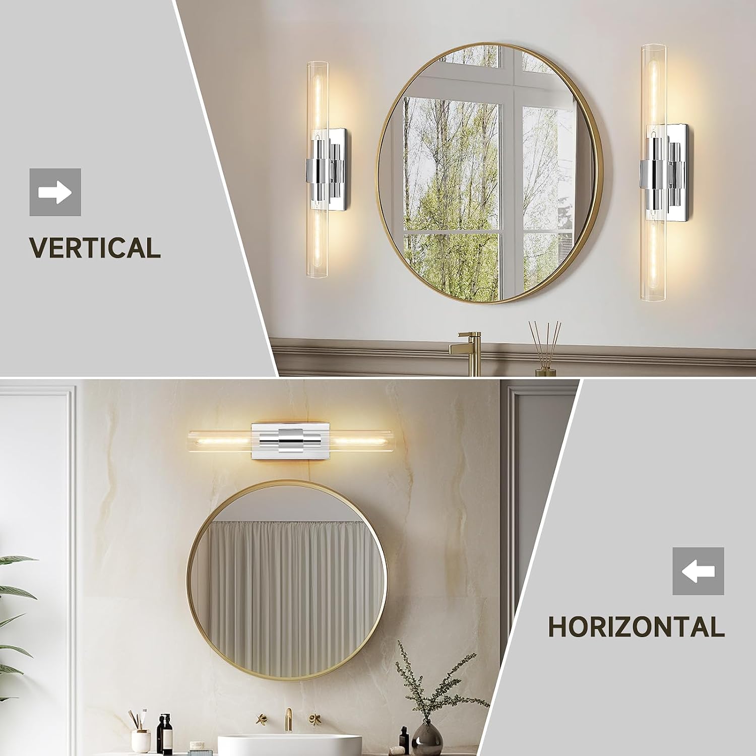 Chrome Wall Sconces, 22.8' Bathroom Sconces, Indoor Sconces Wall Lighting Up and Down, Nickel Wall Sconce Dimmable, Vanity Lights Fixtures with Tube, Glass Sconce for Bedroom, Staircase