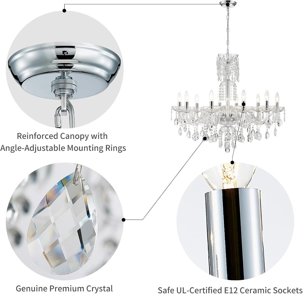 WUZUPS 10-Light Crystal Candle Chandelier Pendant Ceiling Light Modern Lighting Fixture for Bedroom Hallway Bar Kitchen Bathroom, H 26.7' W 33.9', E12 Base, Chrome