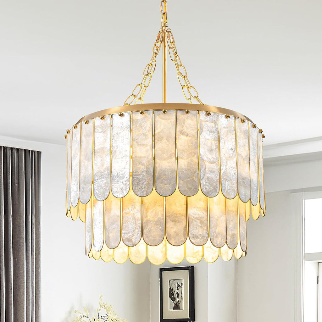 Modern 5-Light Shell Chandelier, 2-Tiered Faceted Pendant Light with Gold Metal Frame, E26 Lighting Fixture for Dining Room, Bedroom, Living Room