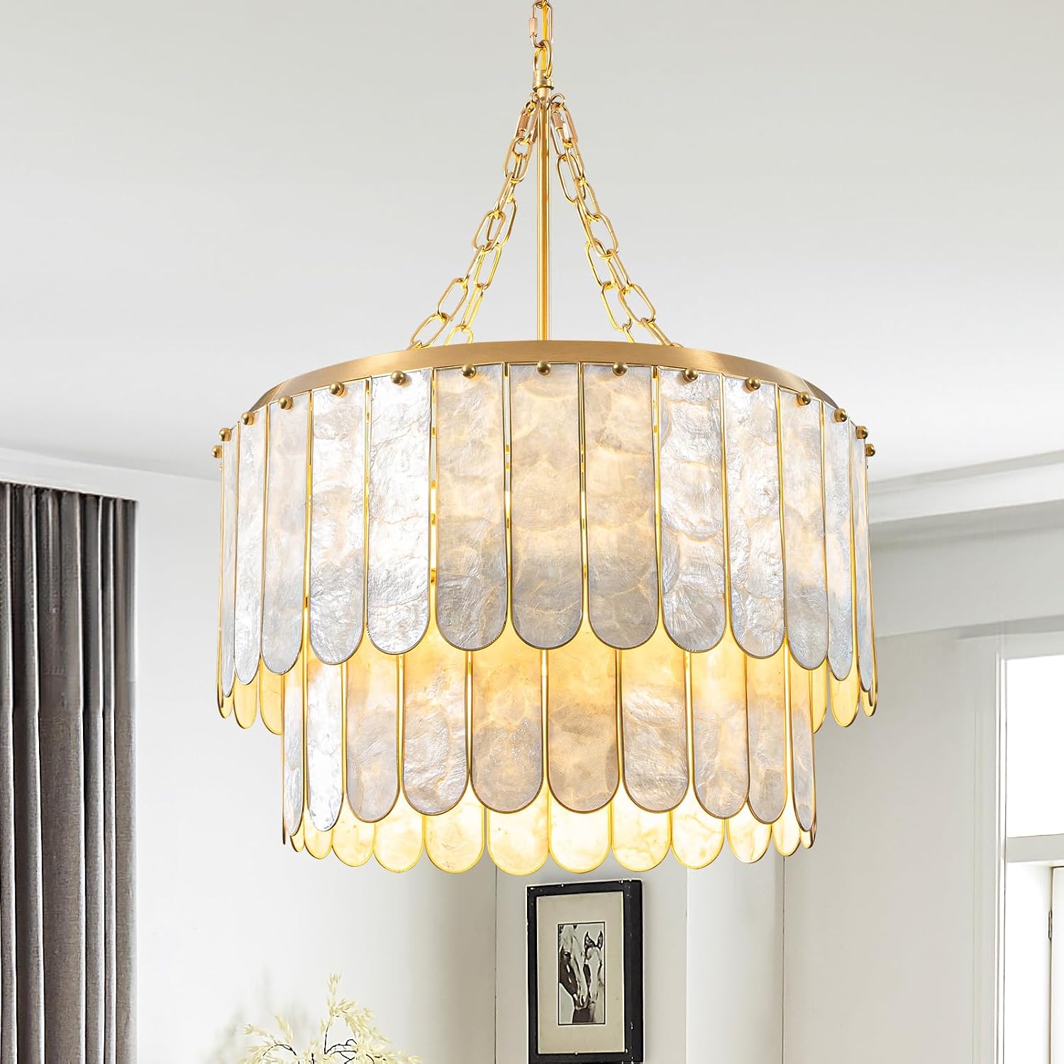 Modern 5-Light Shell Chandelier, 2-Tiered Faceted Pendant Light with Gold Metal Frame, E26 Lighting Fixture for Dining Room, Bedroom, Living Room