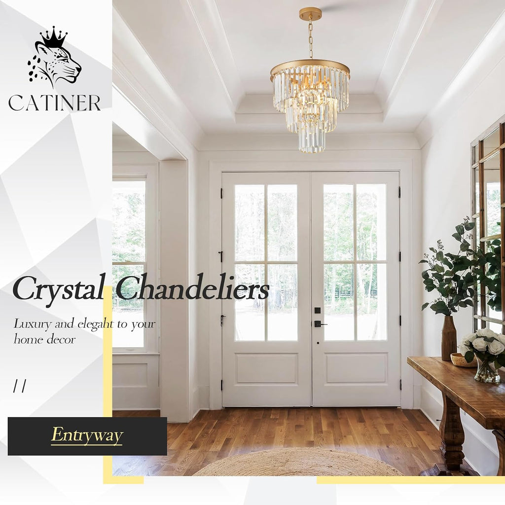 CATINER Gold Crystal Chandeliers 16' Modern 6-Light Small Pendant Light Luxury 3 Tiers K9 Crystal Ceiling Pendant Round Light Fixture for Dining Room Entryway Kitchen Bedroom Closet