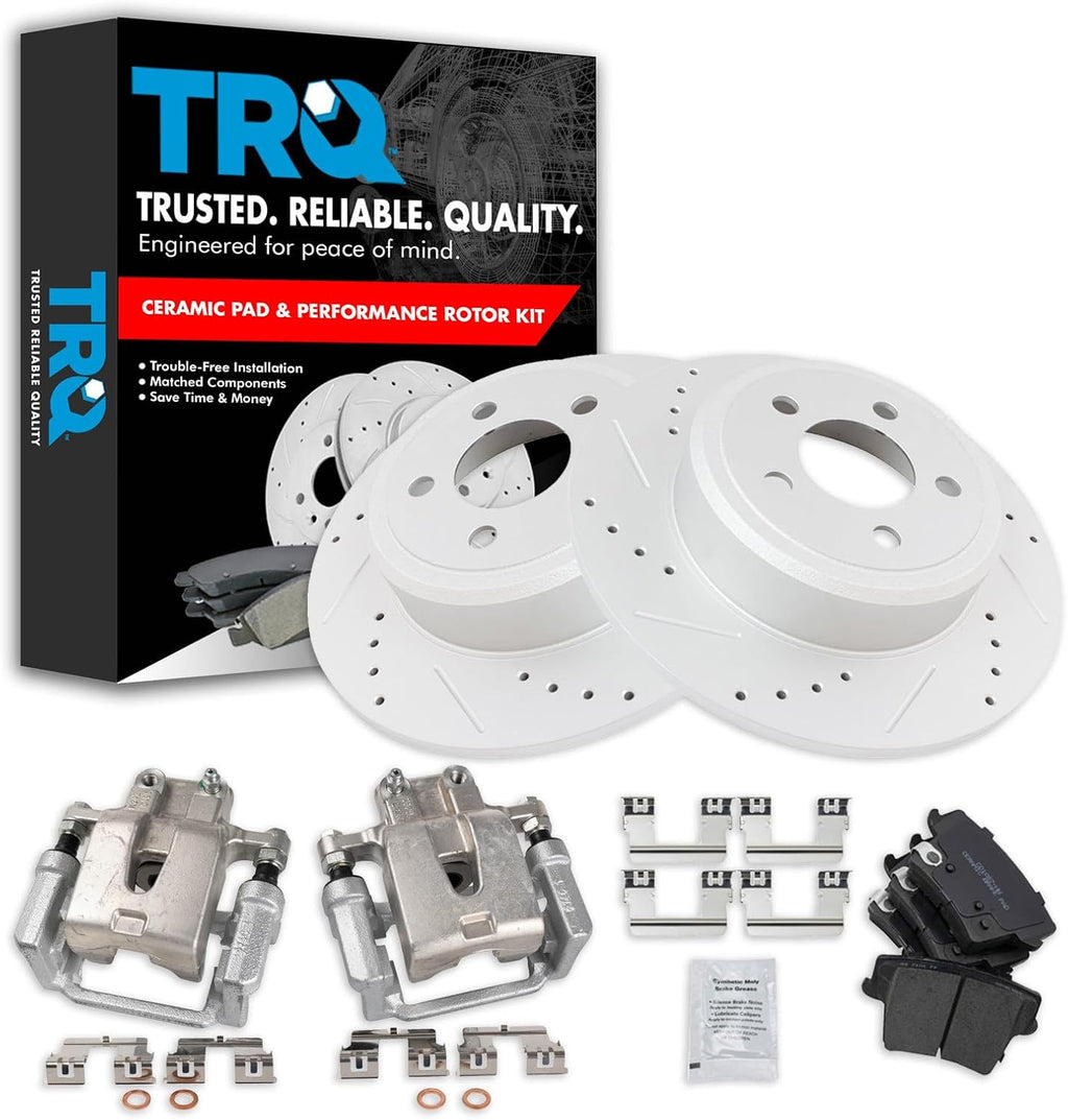 TRQ Performance Rear Brake Pad and Rotor Set Ceramic Solid Rotors Calipers Compatible with 2005-2018 Chrysler 300 2005-2008 Magnum 2006-2016 Dodge Charger 2009-2016 Challenger