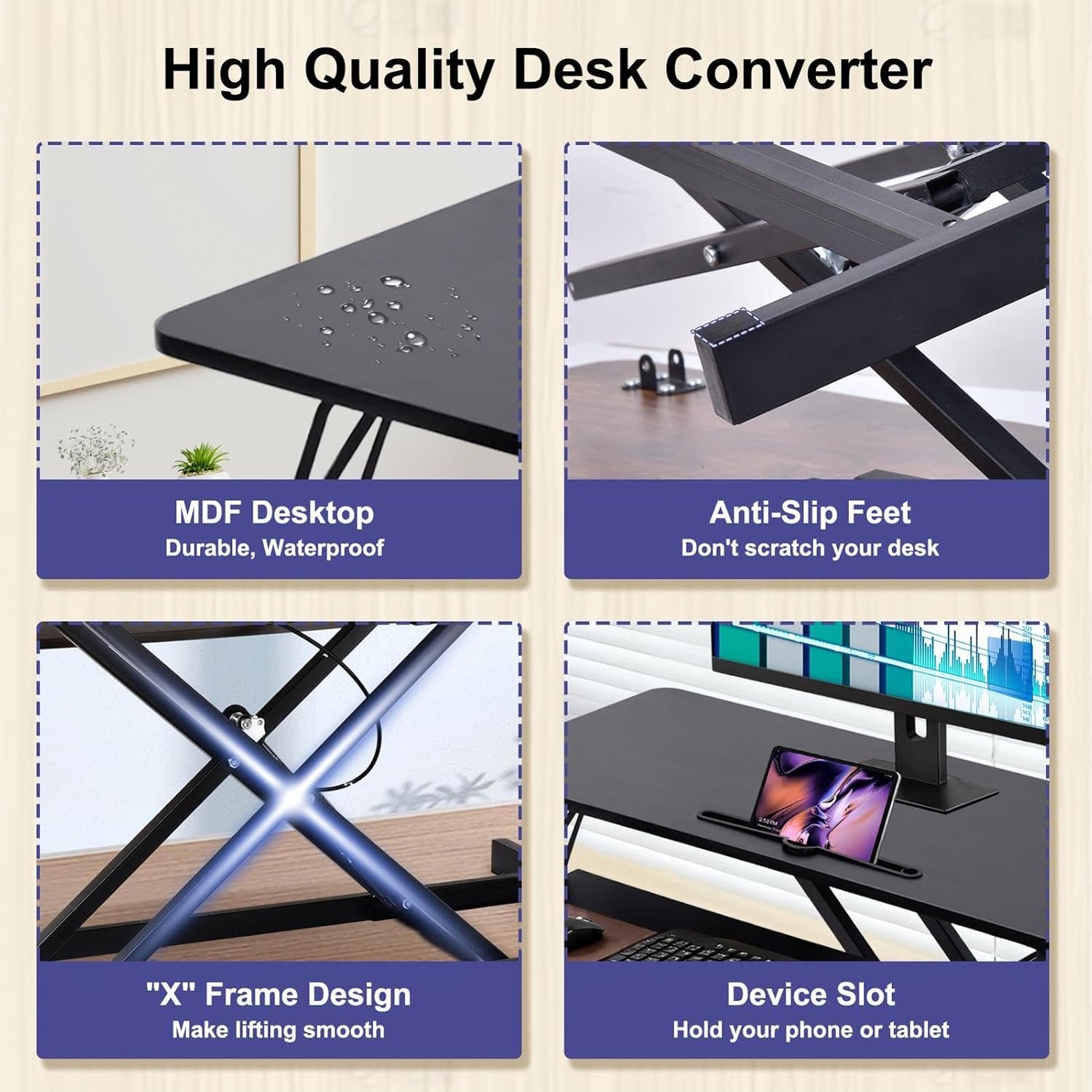 38-inch Standing Desk Converter Height Adjustable Sit to Stand Up Workstation, Duals Monitor and Laptop Riser with Wide Keyboard Tray, for Home, School, Company, Black