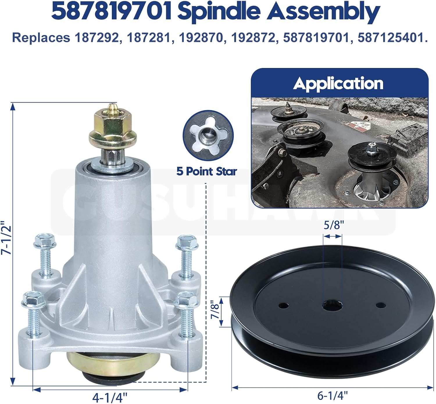 2 Pack 587819701 Spindle Assembly Kit with 197473 Spindle Pulley 196106 177968 Idler Pulley 532405380 Mower Blades 532174873 Deck Wheels 1/2x106 Belt for Husqvarna YTH22V46 Deck Rebuild Kit