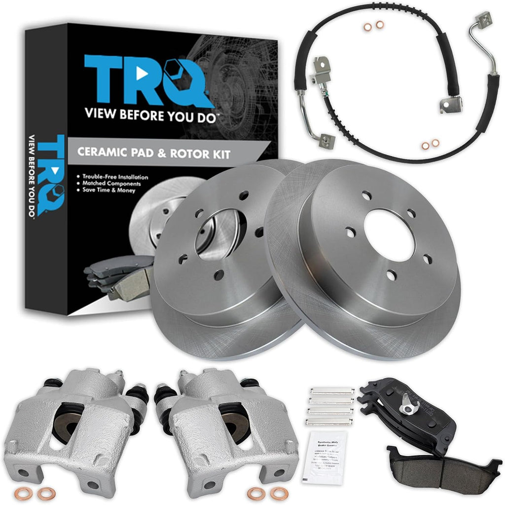 TRQ Rear Brake Pad and Rotor Set Ceramic Rotors Calipers Hoses Compatible with 1997-2001 Ford Expedition 1998-2001 Lincoln Navigator
