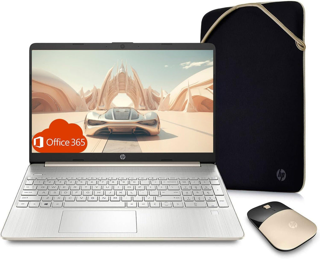HP 15.6' Everyday Laptop, AMD Efficient Dual-Core Processor, 8GB RAM, 128GB SSD, USB-C, SD Card Reader, HDMI, Wi-Fi & Bluetooth, Long Battery Life, Windows 11 with 1 Year Microsoft 365, Gold