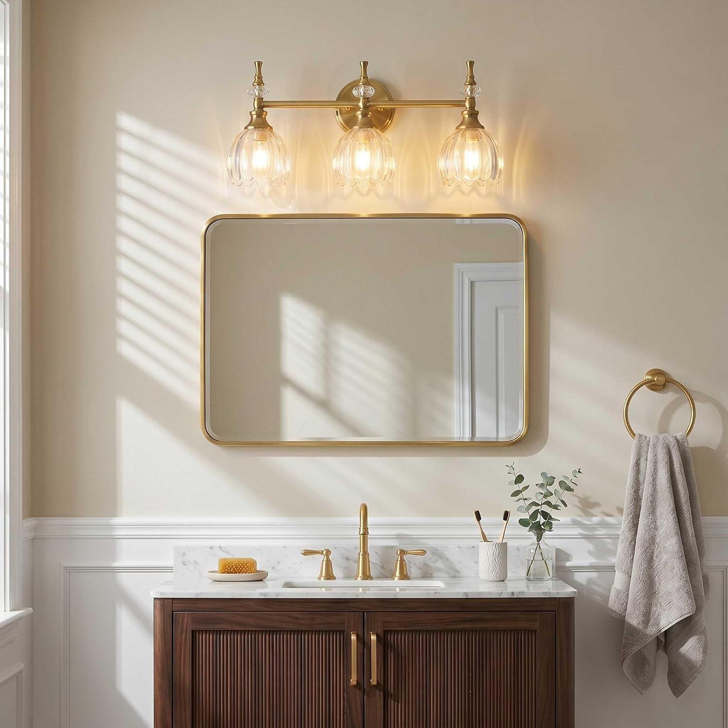 ANDY STAR 3-Light Brushed Gold Bathroom Vanity Light, Transitional Sconce | Ribbed Glass & Crystal Accent, Damp-Resistant, Heat-Resistant E12 Base, Reversible Up/Down Mounting