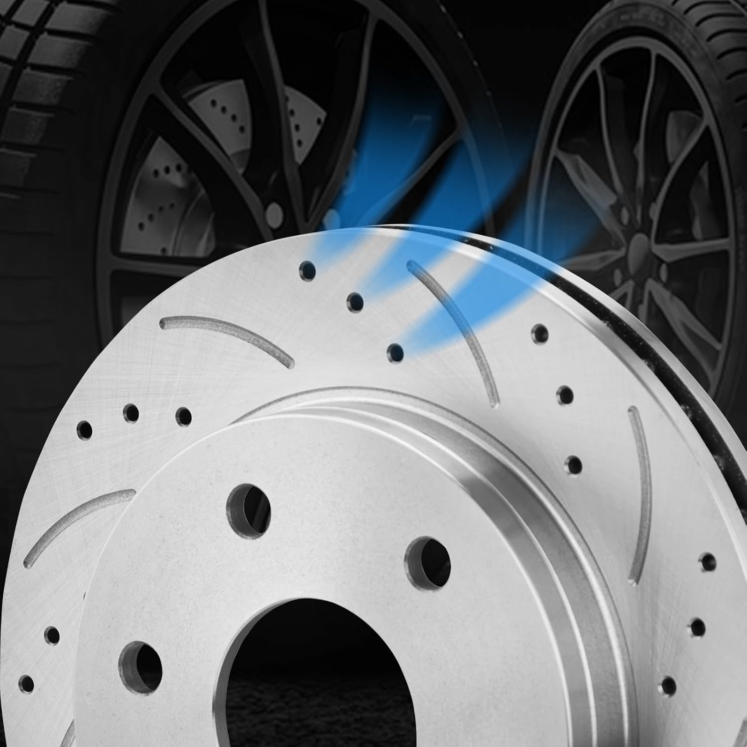 Front Rear Drilled Slotted Brake Rotors and Ceramic Brake Pads Kit, Replacement for Chevy Silverado 1500 1999-2007, Tahoe Suburban, Avalanche GMC Yukon XL 1500, Cadillac Escalade 2002-2006