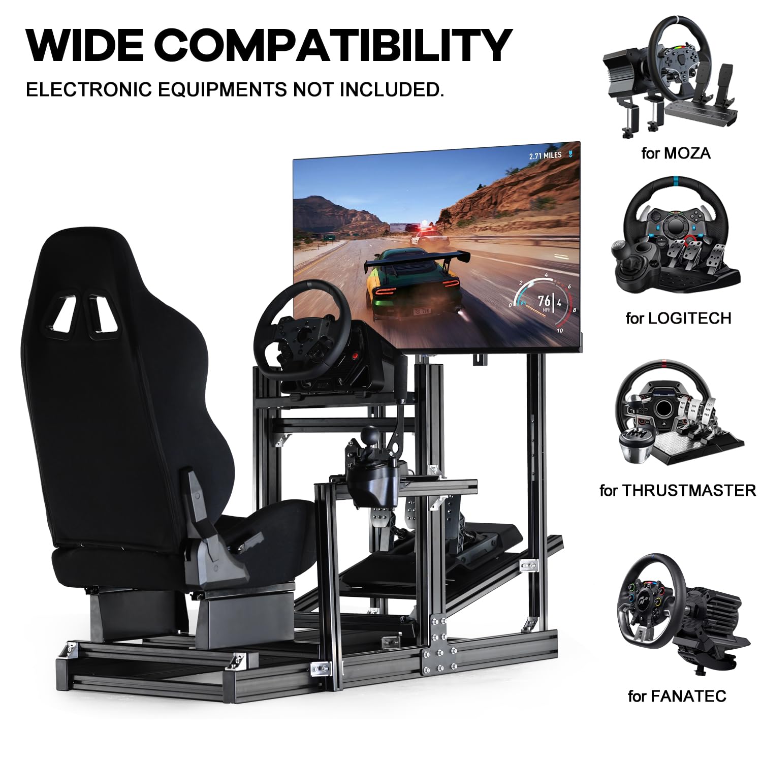 Anman Racing Simulator Cockpit Stand with Monitor Mount and Black Seat Fit for Logitech G29 G920 G923, for Thrustmaster, for Fanatec,Adjustable Steering Wheel Stand,Not Included Wheel,Pedals & Shifter