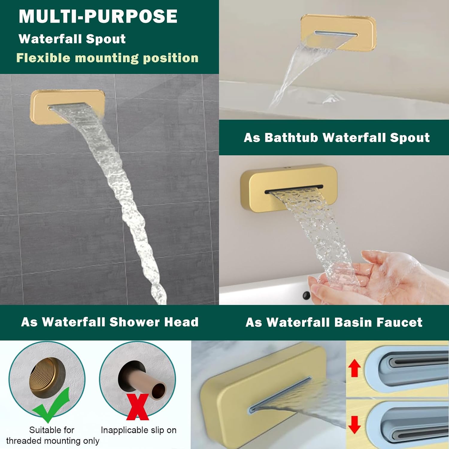 Brushed Gold Dual Shower Heads Shower System with 12'& 8' Shower Heads Full Body Digital Display Shower Set With Handheld Shower and Waterfall Tub Spout