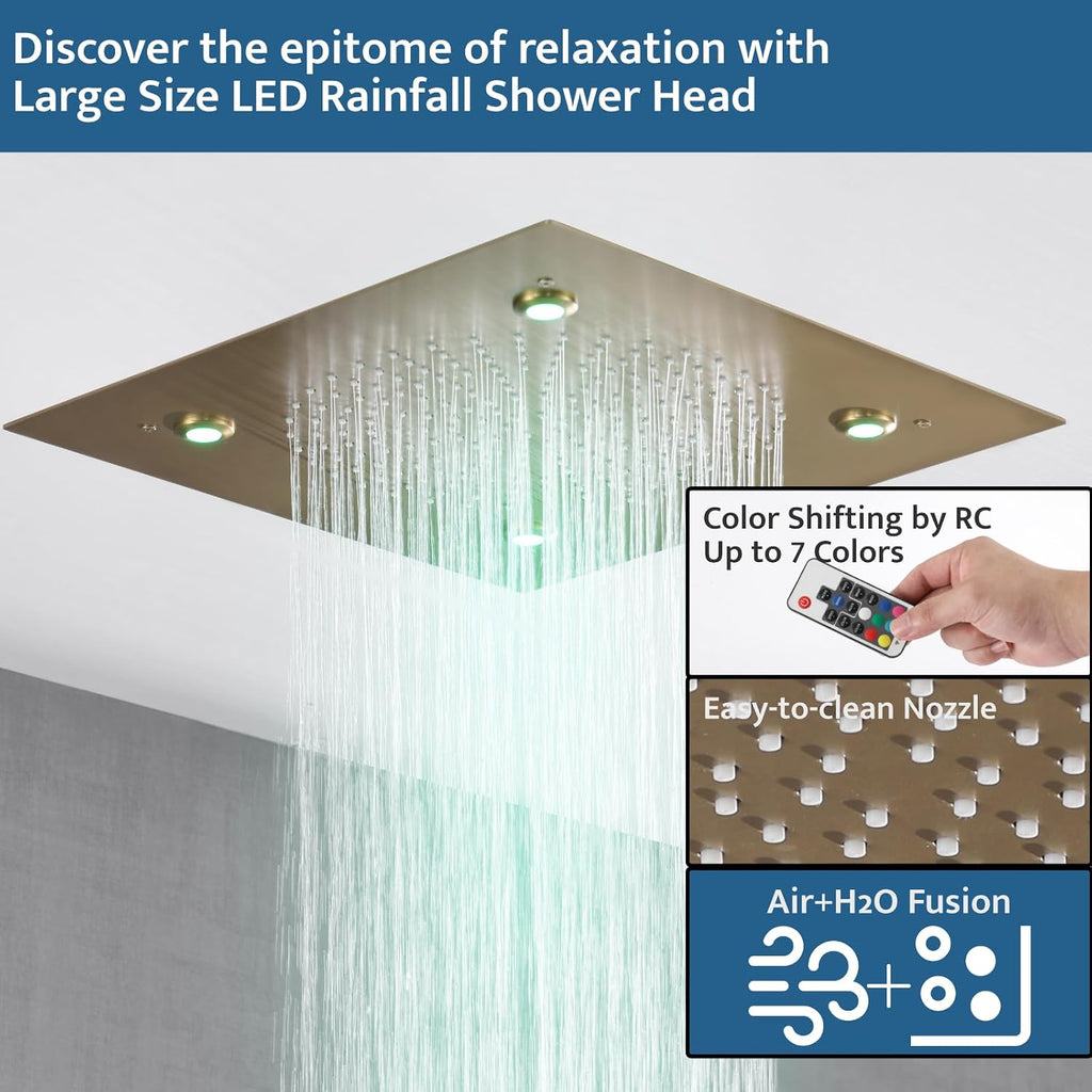 Thermostatic Shower System with Ceiling Mount 16 Inch LED Shower Head Brushed Gold, Push Button Diverter Shower Faucet with 3 in 1 Handheld, 6 Inch Shower Head【All Functions Simultaneous Use】