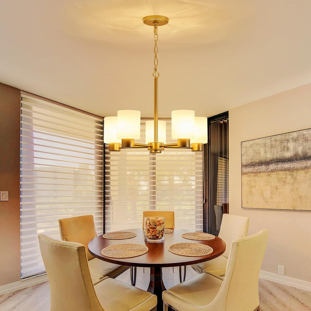WUZUPS 5-Light Pendant Chandelier Light Frosted White Glass Shade with Grain Ceiling Lighting Elegant Modern Fixture Bathroom Kitchen Dining Room Entry Foyer, H 15.8' W21, E12 Base, Gold