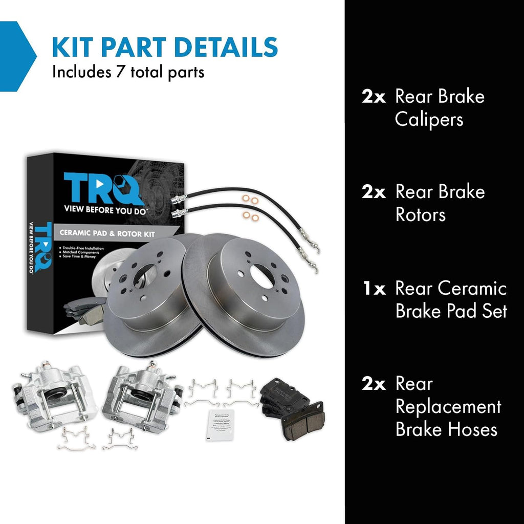 TRQ Rear Brake Pad and Rotor Set Ceramic Rotors Calipers Hoses Compatible with 2010-2013 Lexus IS250