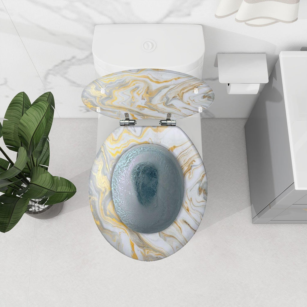 Round Toilet Seat marble ink paper texture white silver gold Resin Toilet Seat Quietly Close Quick Release Hinges Decorative Toilet Seat with Cover Easy to Install, Style 2