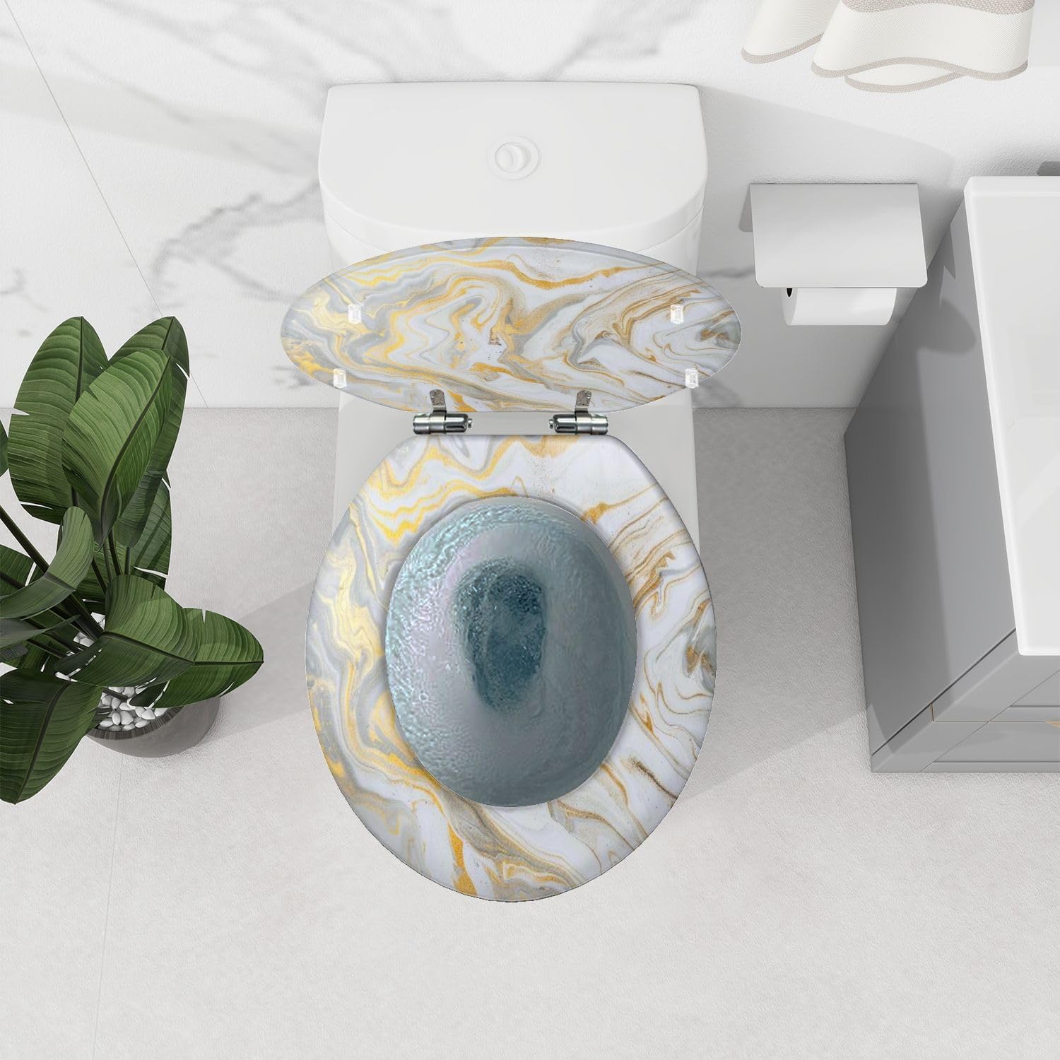 Round Toilet Seat marble ink paper texture white silver gold Resin Toilet Seat Quietly Close Quick Release Hinges Decorative Toilet Seat with Cover Easy to Install, Style 2