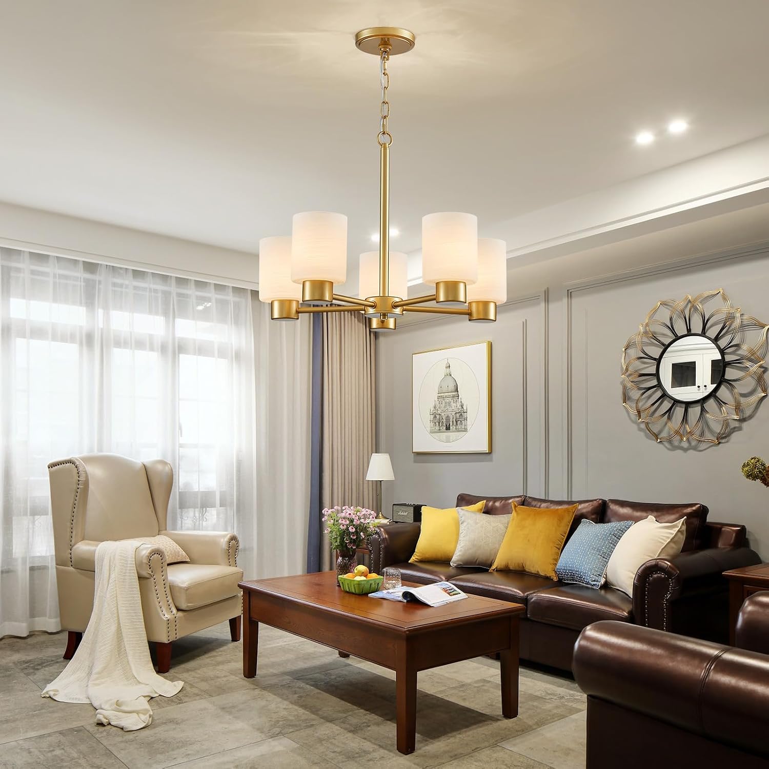 WUZUPS 5-Light Pendant Chandelier Light Frosted White Glass Shade with Grain Ceiling Lighting Elegant Modern Fixture Bathroom Kitchen Dining Room Entry Foyer, H 15.8' W21, E12 Base, Gold