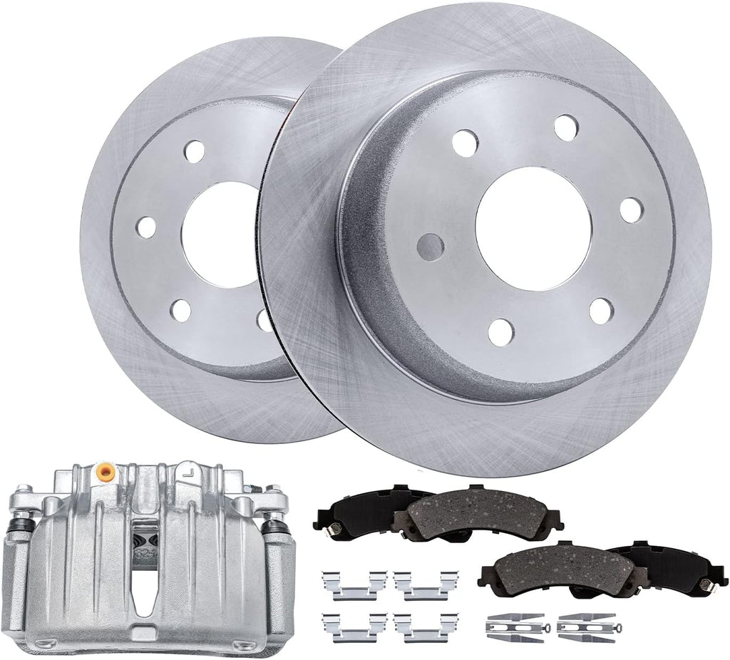 Detroit Axle - Rear Disc Rotors Brake Pads + Left Brake Caliper Replacement for Escalade Silverado Sierra Suburban 1500 Tahoe - 5pc Set